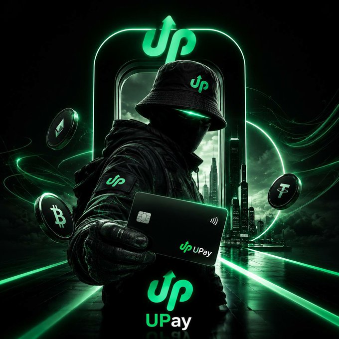 Dark promotional image for UPay showing a masked figure in a bucket hat holding a UPay card, surrounded by glowing green cryptocurrency coins with Bitcoin and Tether logos.