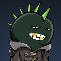 A cartoon character with a spiky green head, a wide toothy grin, and a brown jacket stands against a dark blue background.