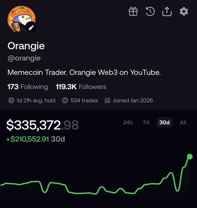 A social media profile for "Orangie" (@orangie), described as a Memecoin Trader and Orangie Web3 on YouTube, showing 119.3K Followers and a portfolio value of $335,372.98 with a 30d gain of +$210,552.91 displayed on a green performance chart.