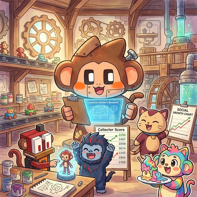 A cheerful monkey wearing a hard hat and holding a "Community Builder's Blueprint" stands at the center of a workshop, surrounded by a cat cheering beside a "Social Growth Chart," a gorilla holding a "Collector Score" of 2250, and a colorful character presenting a "Origins" figure—reflecting the post's theme of community building and creative energy.