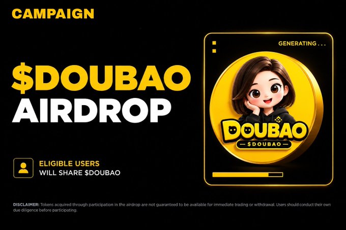 The image is a promotional graphic for a "$DOUBAO AIRDROP" campaign on the BNB Chain, featuring a chibi-style mascot character labeled "DOUBAO $DOUBAO" alongside text indicating eligible users will share the token. It complements the accompanying post by visually branding the airdrop event while the text outlines participation tasks like following, liking, reposting, tagging friends, and submitting a BSC wallet address.