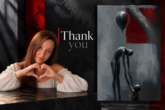 A split image; on the left, a woman makes a heart shape with her hands next to the text 'Thank you', and on the right is a metallic sculpture of a hunched figure holding a red balloon against a gray and red backdrop.