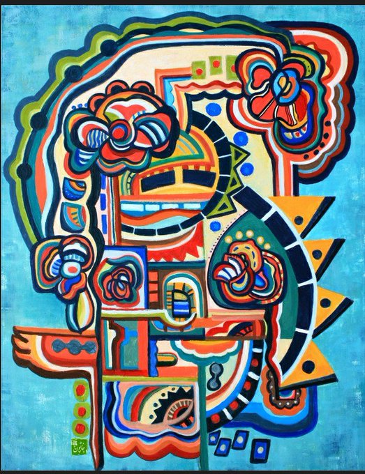 A vibrant, abstract painting filled with intricate geometric shapes, colorful floral patterns, and a stylized face, set against a textured turquoise background.