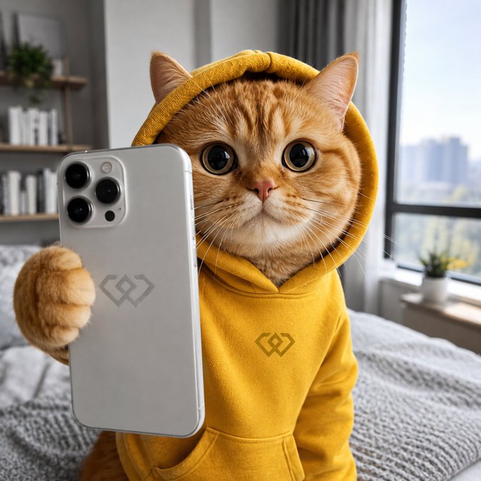 An orange tabby cat wearing a yellow hoodie holds up a silver smartphone, appearing to take a selfie in a modern apartment setting with a city view.
