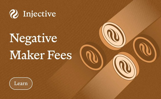 An Injective promotional graphic on a brown background featuring the text 'Negative Maker Fees' alongside stylized 3D coin illustrations, with a 'Learn' button at the bottom left.
