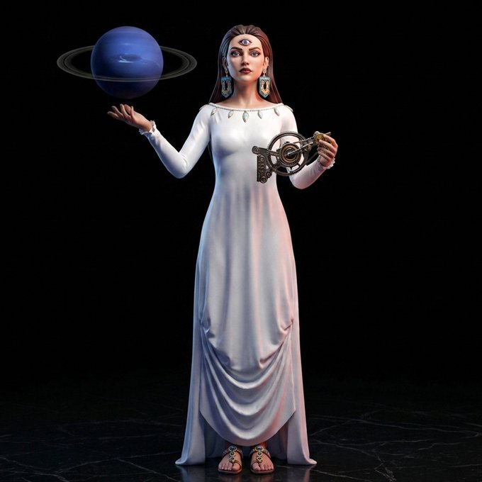 A 3D-rendered figure of a woman in a white dress holds a blue planet resembling Neptune in one hand and a mechanical device in the other, set against a dark background.