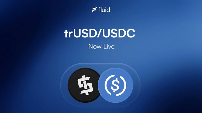 A promotional graphic for 'fluid' announcing that 'trUSD/USDC' is 'Now Live', with two circular coin icons against a blue gradient background.