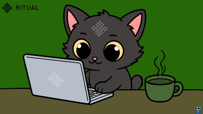 A cartoon illustration of a black cat with large eyes sitting at a laptop with a steaming green coffee mug beside it, with the RITUAL logo in the corner.