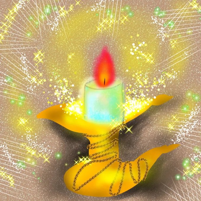 A stylized digital painting of a yellow ribbon swirled around a glowing turquoise candle with an orange flame, surrounded by bright sparkling stars and light rays on a grey background.