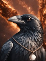 A detailed digital illustration of a black raven or crow wearing a gold chain necklace with a pearl pendant, set against a fiery orange cloudy background.