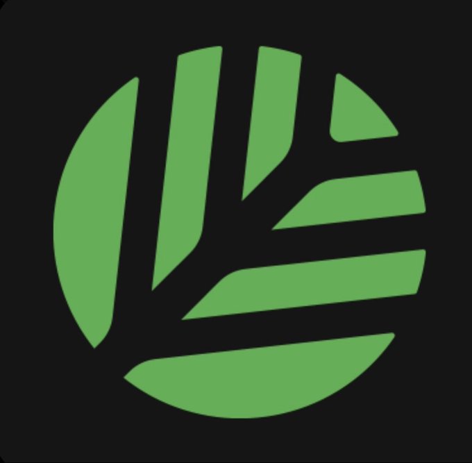 A green circular logo with stylized lines on a black background.