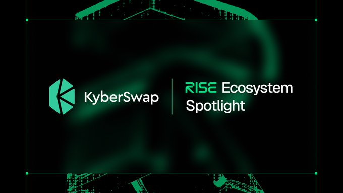 The image features a logo for a company named "KyberSwap". It has a green background with white text that reads "Rise ecosystem spotlight" and "CyberSwap". The logo also includes a small illustration of a person wearing a backpack, which is part of the company's brand identity.