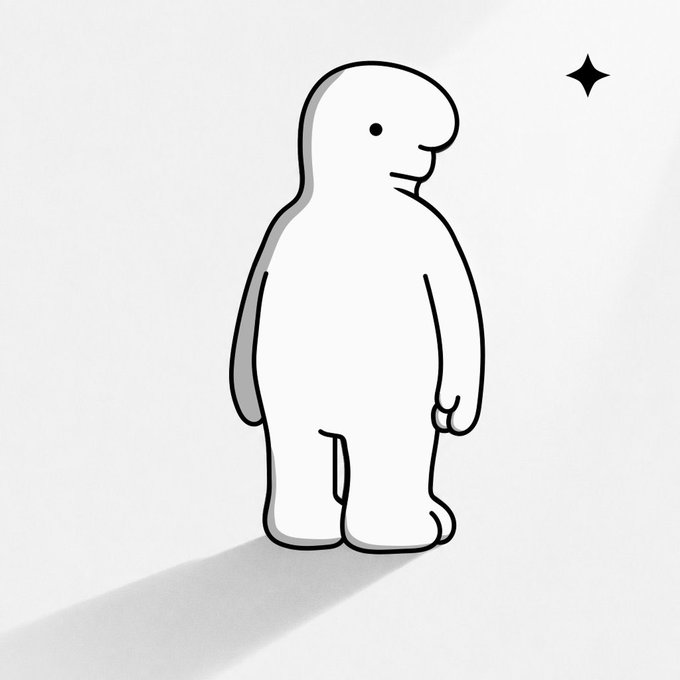 A minimalist line drawing of a white, rounded humanoid figure standing in profile next to a small four-pointed star.