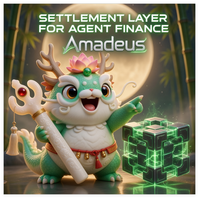 A cute green dragon mascot wearing a jade pendant and holding a staff appears next to a glowing green cube, with the text "SETTLEMENT LAYER FOR AGENT FINANCE" and "Amadeus" displayed against a moonlit bamboo backdrop—visually reinforcing the post's point that Amadeus is a specialized "settlement layer" built specifically for AI agent finance, distinct from traditional general-purpose blockchains like ETH or Solana.