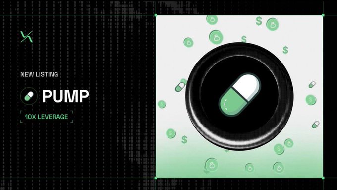 A promotional graphic for a "PUMP" new listing on a crypto trading platform, highlighting "10X LEVERAGE" and a green pill icon.