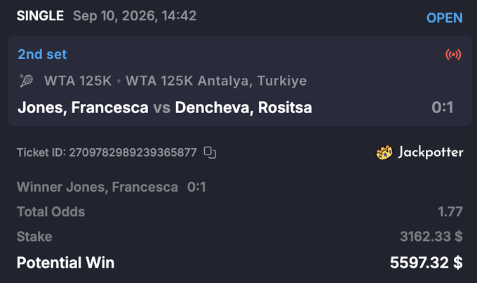 A betting slip showing a live "2nd set" wager from the WTA 125K Antalya tennis match between Francesca Jones and Rositsa Dencheva, with Jones winning at 0:1, odds of 1.77, and a potential win of $5,597.32 on a $3,162.33 stake via Jackpotter. The post highlights using locked JPT airdrop tokens from Jackpotter to build a betting balance before staking for daily rewards.