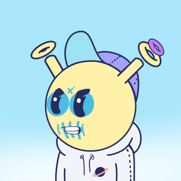 An illustration of a yellow cartoon character with large blue eyes, stitches on its face, a purple hat, halo rings, and a white hoodie against a light blue background.