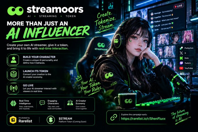 A promotional graphic for 'streamoors' displays 'MORE THAN JUST AN AI INFLUENCER' alongside an anime-style female streamer character, advertising features like 'BUILD YOUR CHARACTER', 'LAUNCH ITS TOKEN', and 'GO LIVE', listed on Rarelist.