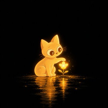 A glowing orange cat touching a small yellow flower in a dark setting with its reflection on the ground.
