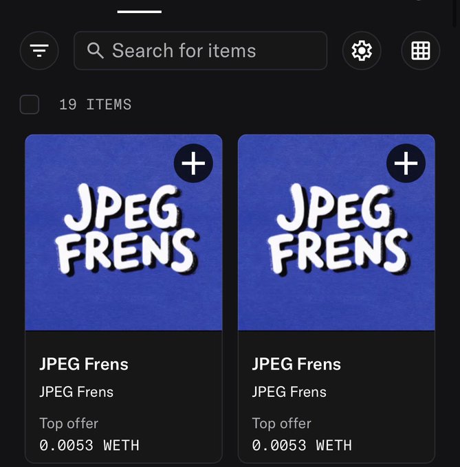 A dark-themed marketplace interface showing 19 items, featuring two identical 'JPEG Frens' listings with a top offer of 0.0053 WETH each.