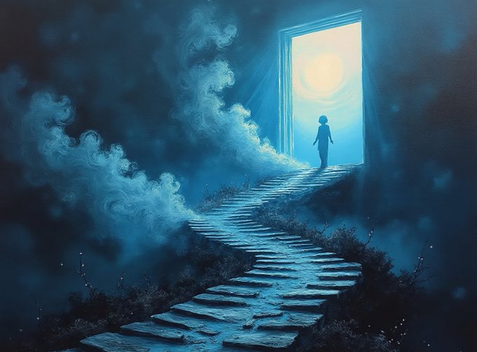 A fantasy digital artwork showing a silhouetted figure standing at a glowing doorway at the top of a stone staircase rising through blue clouds and mist.