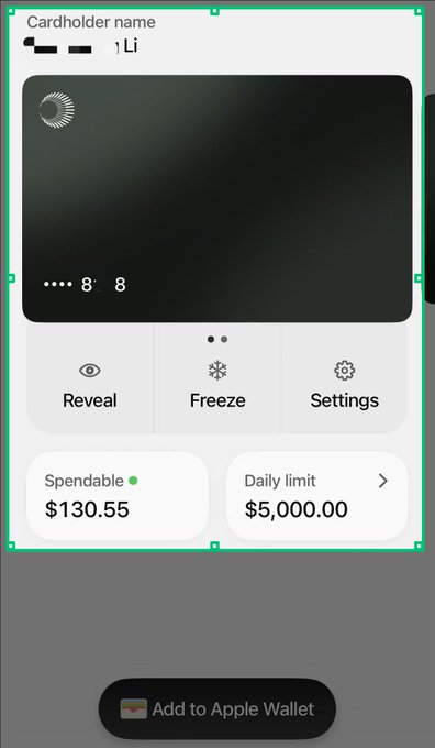 A digital payment card interface showing cardholder 'Li', a Spendable balance of $130.55, and a daily limit of $5,000.00, with options to Reveal, Freeze, and Settings, plus an 'Add to Apple Wallet' button.