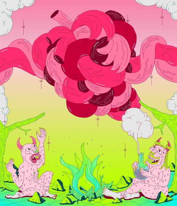 A surreal illustration shows pink horned creatures in a green landscape, one smoking a hookah and another screaming, beneath a massive pink flower-like cloud against a starry sky.