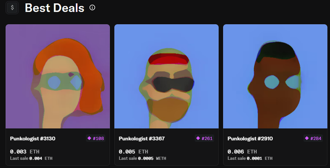 A webpage titled 'Best Deals' displays three CryptoPunk NFT listings (#3130, #3367, #2910) with prices in ETH ranging from 0.003 to 0.006.