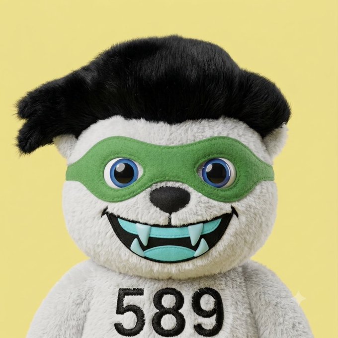 A plush bear mascot with black hair, a green superhero-style mask, blue eyes, and fangs displays the number "589" on its chest against a yellow background, aligning with the "Plushi $BEAR" branding from @BearXRPL.