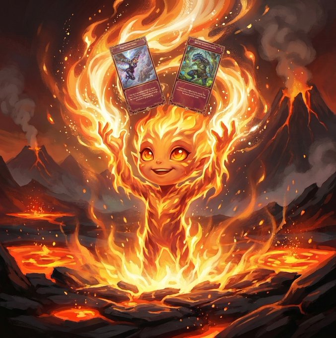 The image features a small, cute character with orange hair standing in front of a fiery volcano. The character has two cards in its hands, one red and one blue, which are being held up above its head. The background of the image is filled with lava and ash from the volcano, creating an intense and dramatic atmosphere. The post also mentions that there's an Embers Pack available for $VEIL holders, offering a free pack of cards if they hold 50,000 $VEIL. This implies that the card upgrade feature will be released soon, allowing players to upgrade their cards with ease.