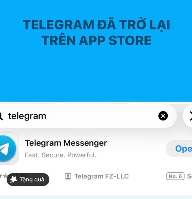 Vietnamese-language screenshot announcing Telegram's return to the App Store, showing the Telegram Messenger app listing by Telegram FZ-LLC with a "Tặng quà" (Gift) button.