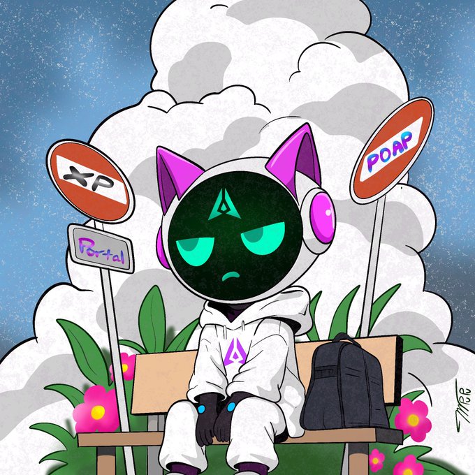 Digital illustration of a cat-like character in a white hoodie sitting on a bench between two bus stop signs reading 'XP' and 'POAP', with a 'Portal' sign nearby.