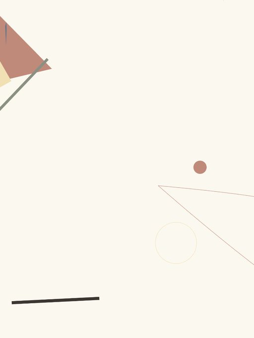 A minimalist abstract composition on a cream background with geometric shapes in muted red, green, and yellow tones in the corners.