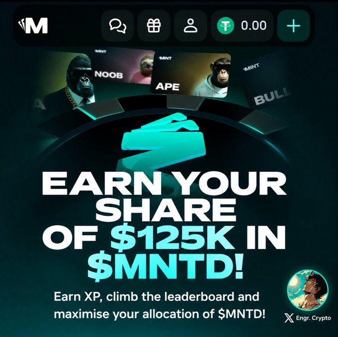 A digital promotional graphic advertises a crypto token called $MNTD, offering users a share of $125k by earning XP and climbing a leaderboard, with featured characters labeled "NOOB", "APE", and "BULL".