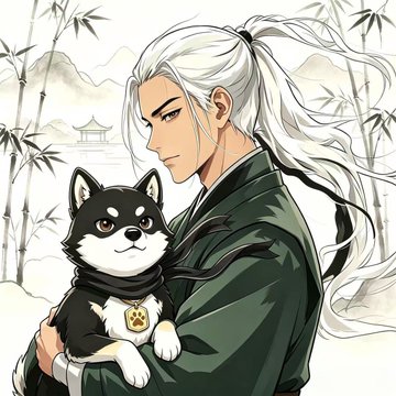 A man with long white hair tied back in a ponytail, wearing a dark green traditional robe, holds a small black and white Shiba Inu-like dog wearing a "DG" tag. The illustration features bamboo stalks and a pagoda in the misty background, fitting the artistic profile picture style mentioned in the post.