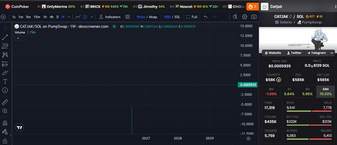 The image shows a CoinPoker trading chart for $CATJAK/SOL on PumpSwap, displaying an extreme price spike with a "descreener.com" watermark overlay. The token shows wild volatility, currently trading at $0.0005935 with a market cap of $585K (+262%), supporting the post's comment about the chart looking "crazy."