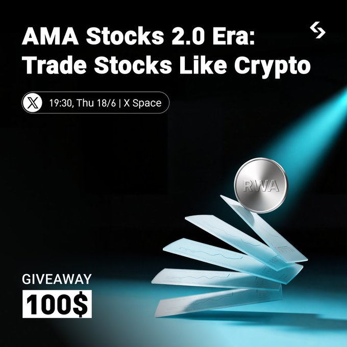 The image features a coin, possibly a Bitcoin token, placed on top of a stack of money. The text "AMA STOCKS 2.0 ERA: TRADE STOCKS LIKE CRYPTO" suggests that this is an advertisement for trading in cryptocurrency. The post also mentions a 100 dollar giveaway and the hashtag "#bitgetStocks".