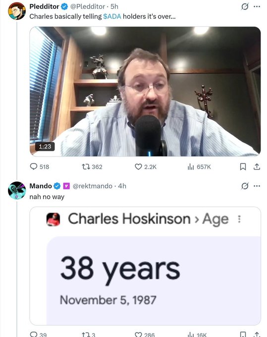 The image shows a man's face with a microphone, likely used for recording an interview or podcast. The background of the image features a clock displaying the time as 5:37 PM. Below this image, there are two posts related to Charles Hockinson, who is older than 38 years old. One post is about Charles Hockinson being older than him and another post is about Charles Hockinson's age.