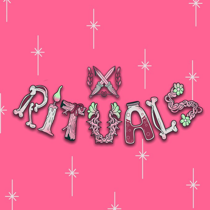 The image features a pink background with white stars scattered throughout, creating a starry night sky effect. The text "rituals" is written in a stylized font that resembles a sword or a shield, giving it an artistic touch. Below this, there are illustrations of various objects such as candles and swords, which further emphasize the theme of rituals. The post also mentions that "rituals" will be featured prominently on the website, indicating its importance to the content creator.