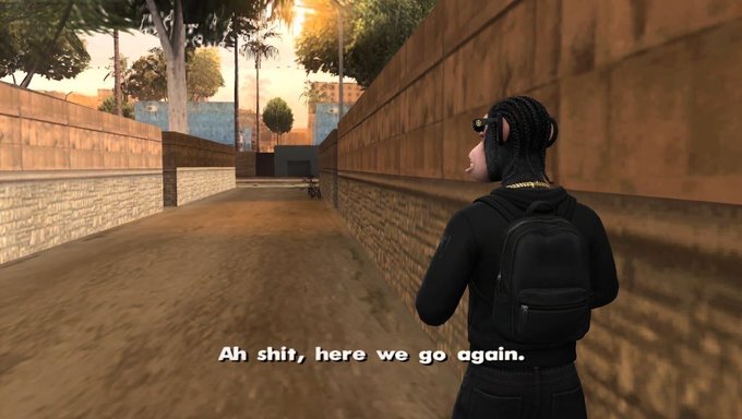 A screenshot from a video game showing a character with braids, sunglasses, and a backpack walking down an alley, with the subtitle "Ah shit, here we go again."