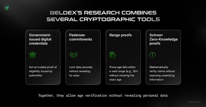 An infographic titled "BELDEX'S RESEARCH COMBINES SEVERAL CRYPTOGRAPHIC TOOLS" outlining four components: Government-issued digital credentials, Pedersen commitments, Range proofs, and Schnorr Zero-Knowledge proofs, with the website beldex.io at the bottom.