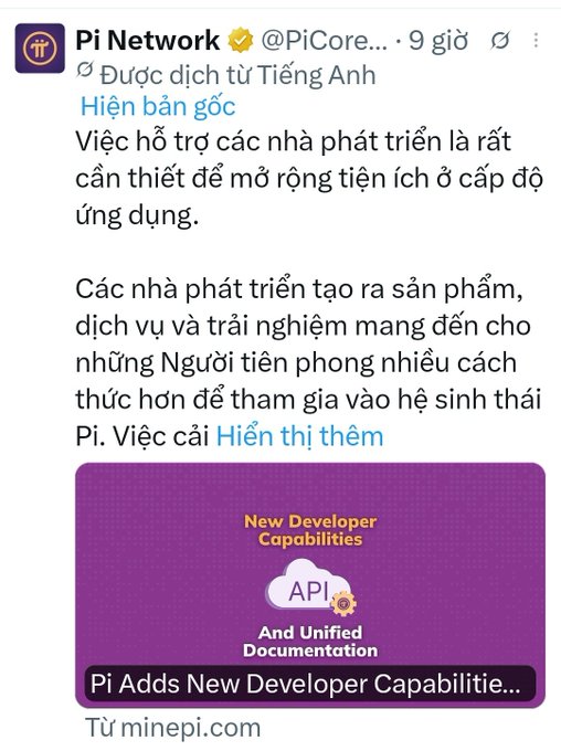 A Vietnamese-language Pi Network tweet announces new developer capabilities and API documentation to expand ecosystem support. The post promotes Pi's "New Developer Capabilities" and "Unified Documentation" to help grow the Pi ecosystem's app layer, which contrasts with skepticism about whether the upcoming V27 upgrade will actually deliver meaningful new wallet features and functional ecosystem apps.