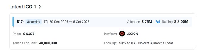 A cryptocurrency ICO listing shows 'Latest ICO 1' with an upcoming sale from 29 Sep 2026 – 6 Oct 2026, a price of $0.075, 40,000,000 tokens for sale, valuation of $75M, raising $3.00M on the LEGION platform.