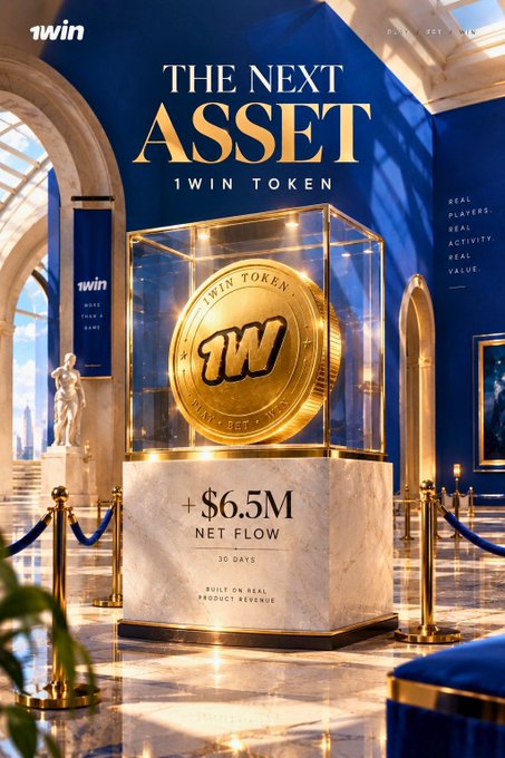 A promotional graphic for '1WIN TOKEN' titled 'THE NEXT ASSET', showing a large gold coin in a glass display case with '+ $6.5M NET FLOW 30 DAYS BUILT ON REAL PRODUCT REVENUE'.