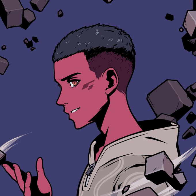 A digital illustration of a man with short dark hair in profile view, featuring pink/magenta skin tones, wearing a light jacket, with floating dark rocks around him against a dark blue background.