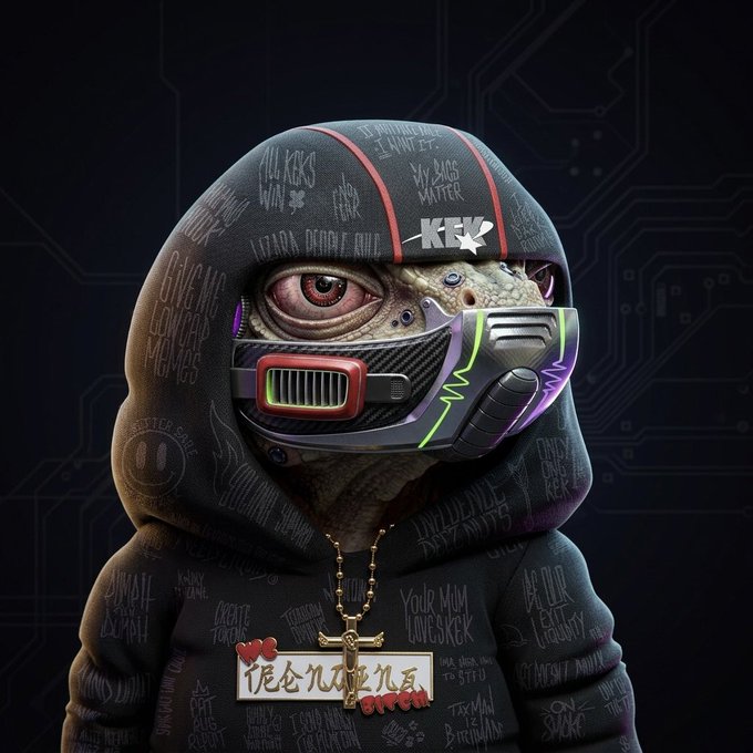 Digital artwork of a reptilian creature wearing a graffiti-covered hoodie, a tactical mask with neon accents, and a beaded necklace with Chinese characters.