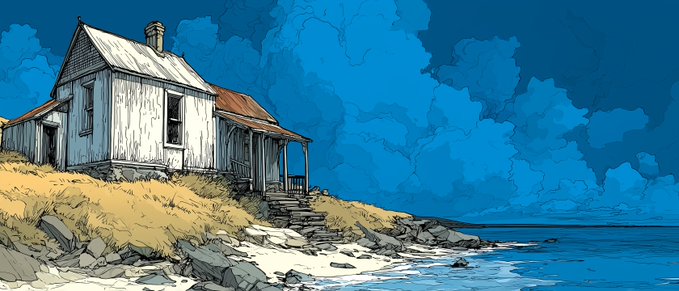 A comic-book style illustration of an old wooden house perched on a rocky, grassy coastline under a deep blue cloudy sky beside the sea.