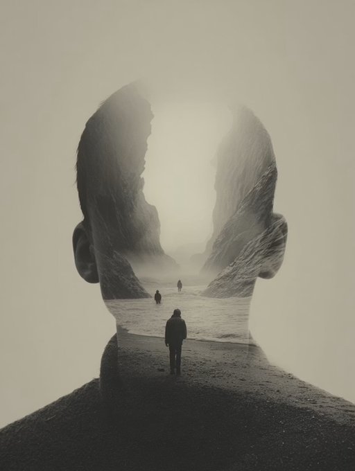 A black and white double-exposure artistic image combining a man's head profile with a misty landscape of cliffs and small walking figures.