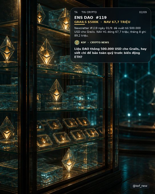 A crypto news graphic in Vietnamese from @kof_new announcing 'ENS DAO #119 - GRAILS 550K - NAV 67.7 TRIỆU', indicating that 500,000 USD of Grails tokens are now circulating, against an image of golden Ethereum crystals in a display case.