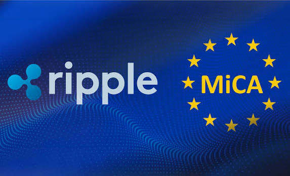 Graphic showing the Ripple logo alongside the EU MiCA (Markets in Crypto-Assets) regulation logo surrounded by the European Union stars on a blue background.